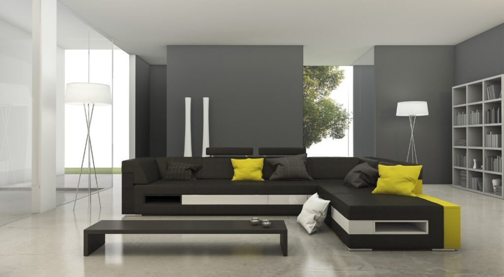 Meuble salon moderne : canapé jaune et noir contemporain pour jouer avec les contrastes